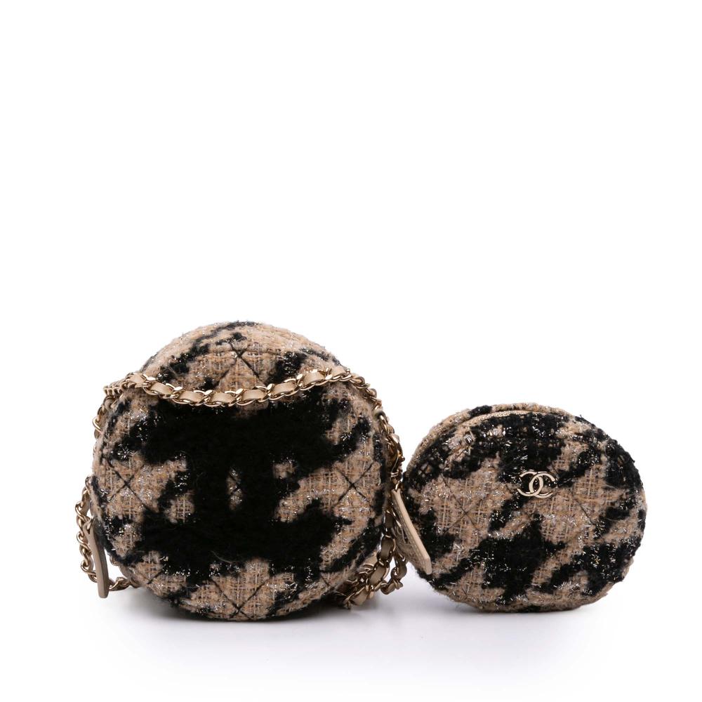 Chanel AB Chanel Brown Light Brown Tweed Fabric CC Quilted and Shearling Round Clutch With Chain Italy