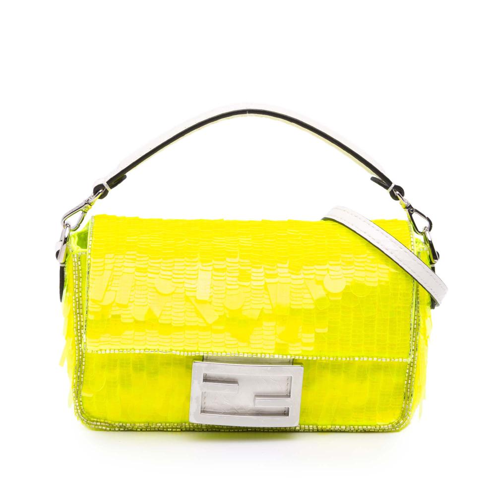 Fendi AB Fendi Yellow Neon Yellow Sequin Other Mini Transparent Paillettes Elaphe Baguette Satchel Italy