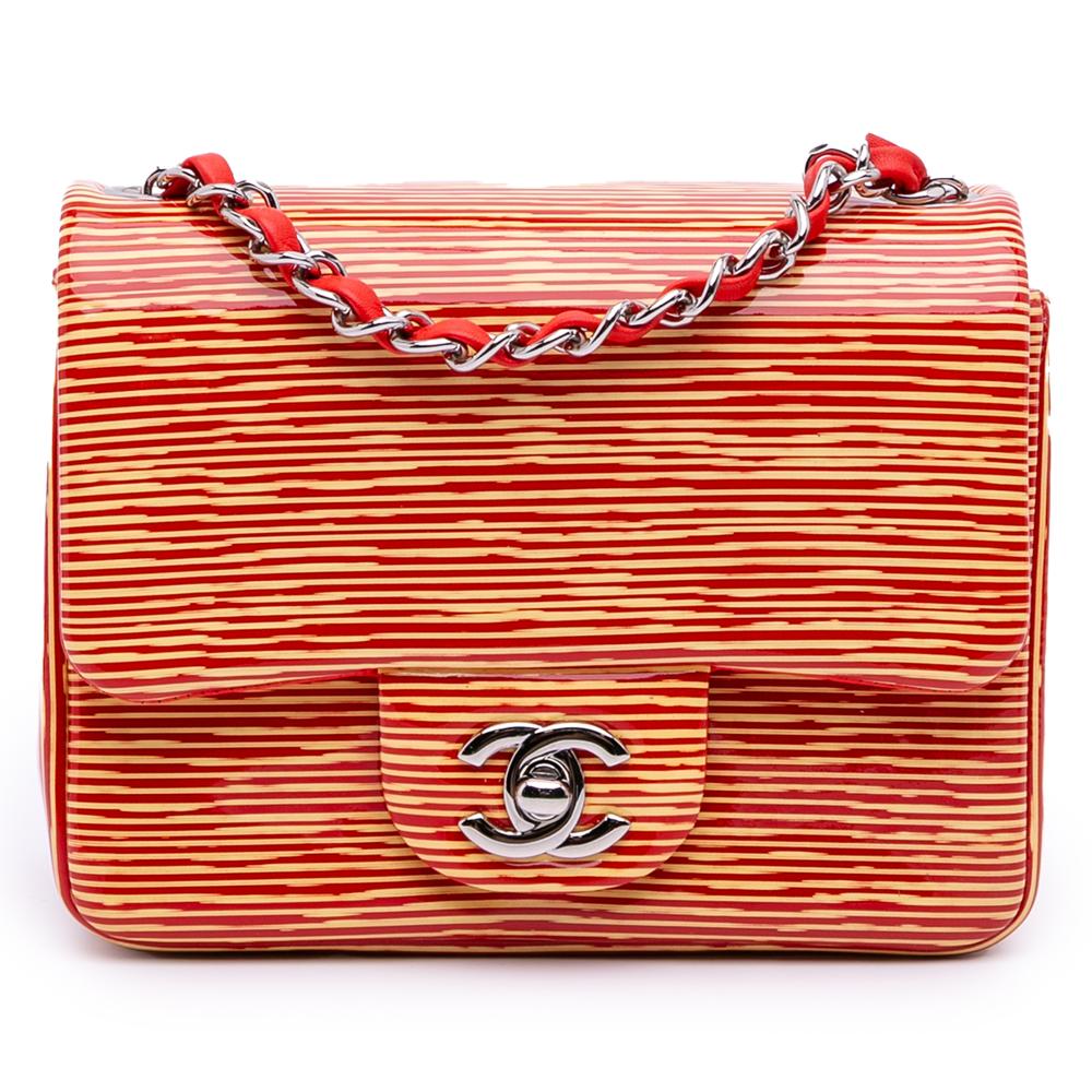 Chanel B Chanel Orange Patent Leather Leather Mini Square Classic Patent Striped Single Flap France