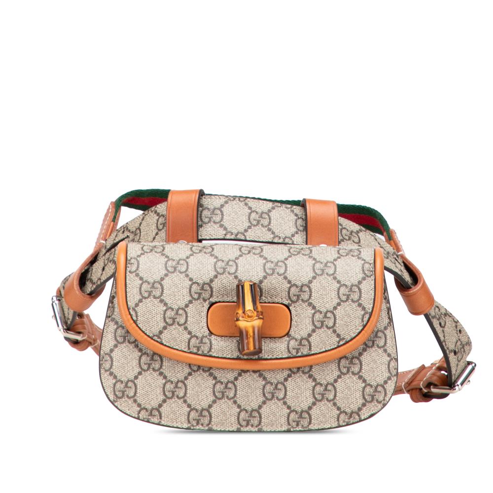 Gucci AB Gucci Brown Beige Coated Canvas Fabric Mini GG Supreme Web Bamboo 1947 Belt Bag Italy
