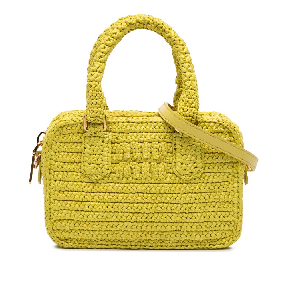 Miu Miu AB Miu Miu Yellow Raffia Natural Material Crochet Arcadie Top Handle Bag Italy