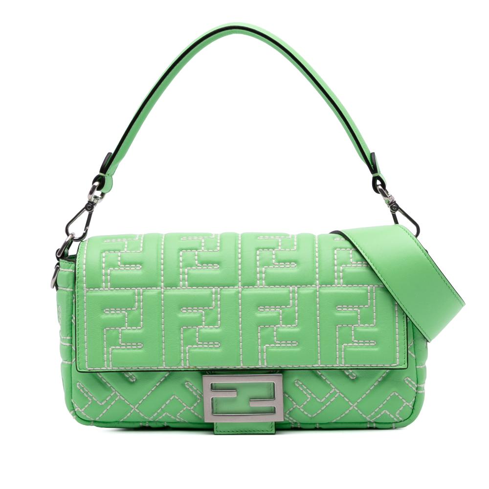 Fendi B Fendi Green Light Green Calf Leather Zucca Embossed Stitched Baguette Satchel Italy