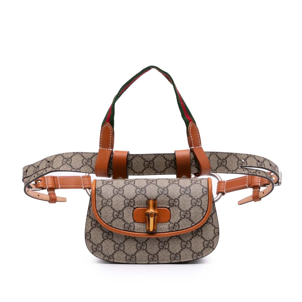Gucci AB Gucci Brown Beige Coated Canvas Fabric Mini GG Supreme Web Bamboo 1947 Belt Bag Italy