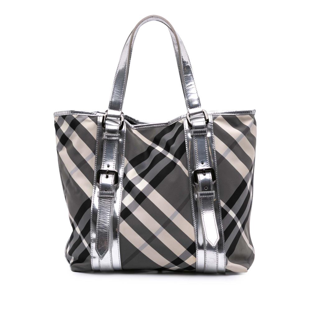 Burberry B Burberry Gray with Silver Nylon Fabric Medium Beat Check Victoria Tote Italy