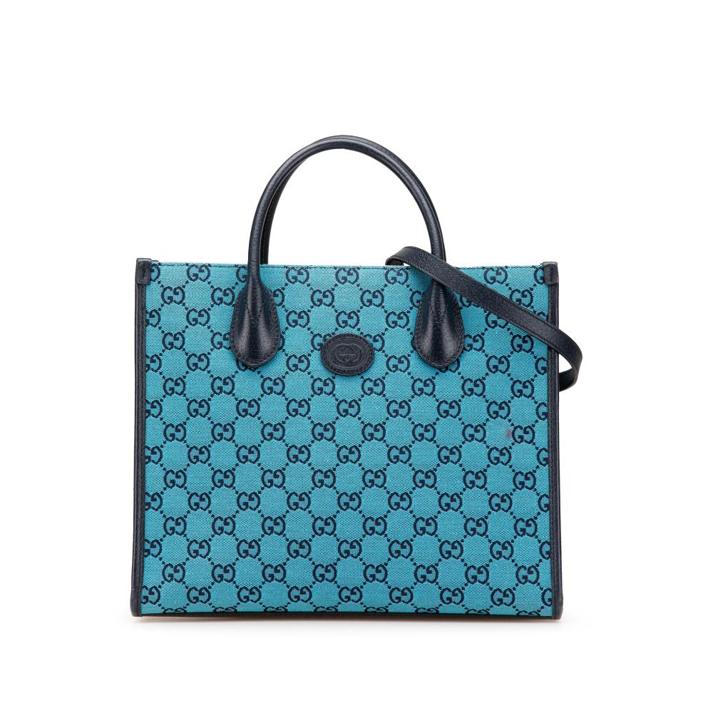 Gucci B Gucci Blue Canvas Fabric Small GG Interlocking G Tote Italy