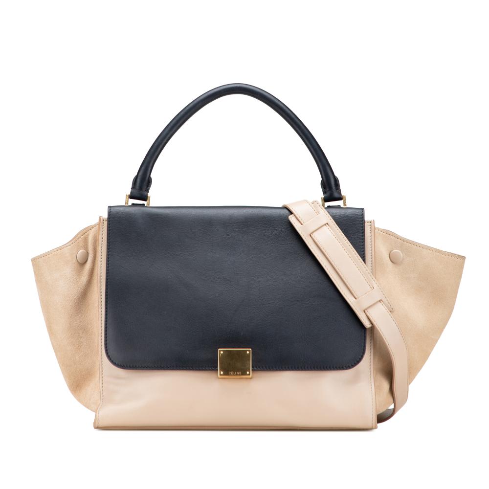 Celine B Celine Brown Beige with Black Calf Leather Medium Bicolor skin and Suede Trapeze Satchel Italy