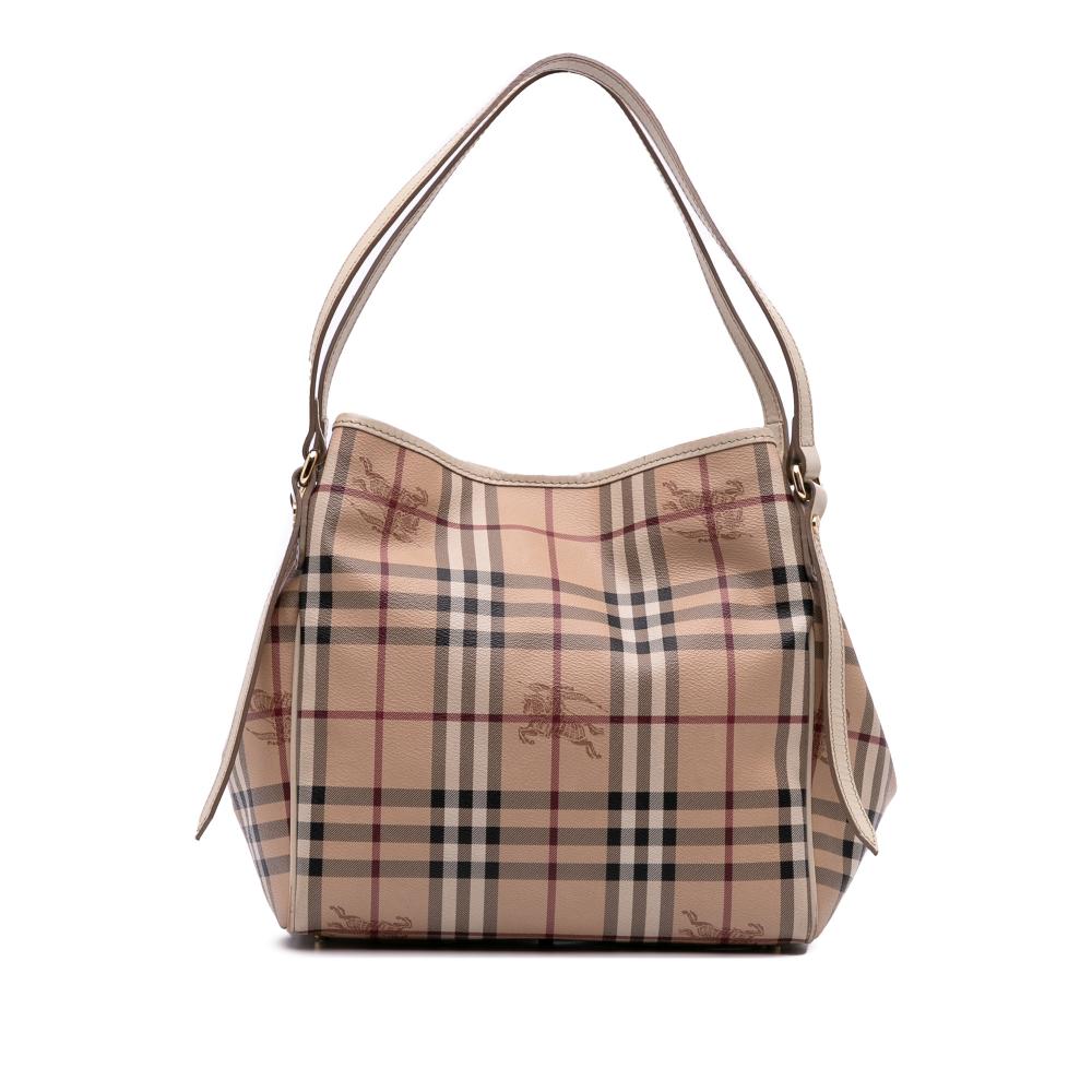 Burberry B Burberry Brown Beige Coated Canvas Fabric Small Haymarket Check Canterbury Tote Italy
