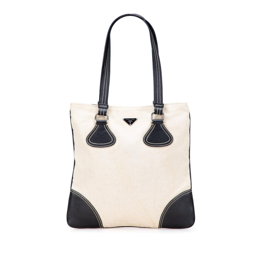 Prada B Prada Brown Light Beige with Black Canvas Fabric Vitello Trimmed Canapa Tote Italy