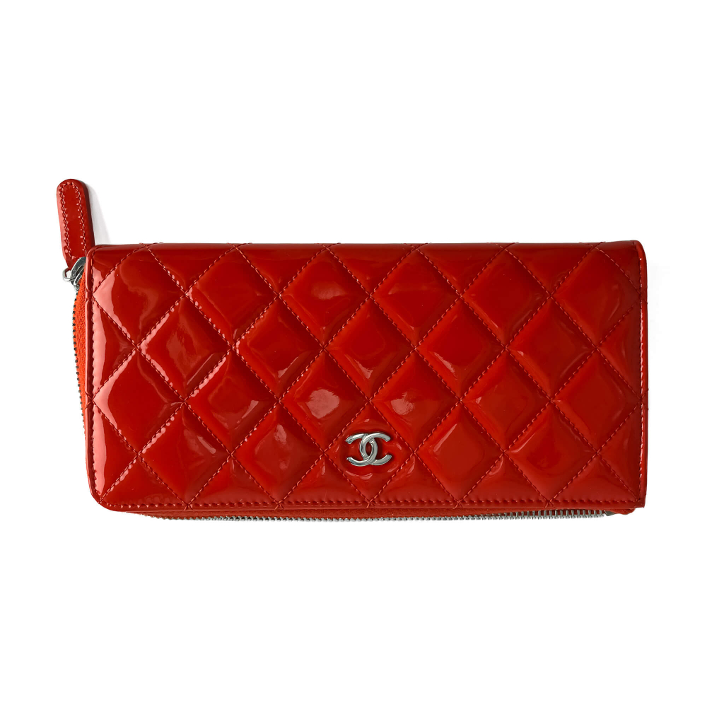 Chanel CC Quilted Patent Leather Long Zip Around Wallet Coral Red