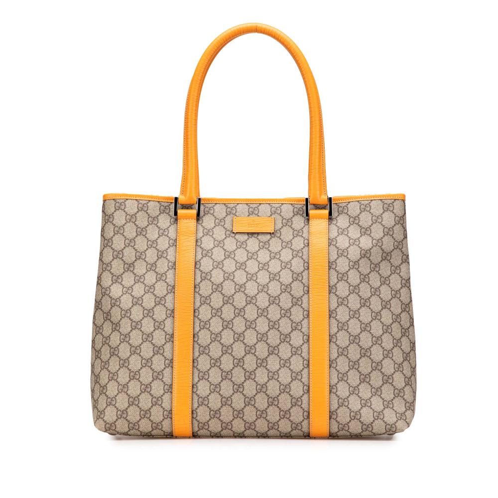 Gucci B Gucci Brown Beige with Orange Coated Canvas Fabric GG Supreme Joy Tote Italy