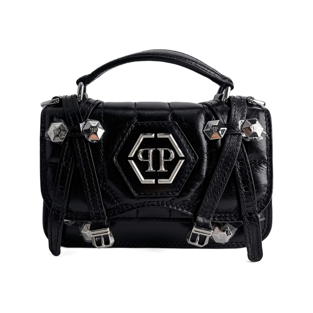 Philipp Plein Superheroin Hexagon Small Calf Leather 2-Ways Flap Belt Bag Black