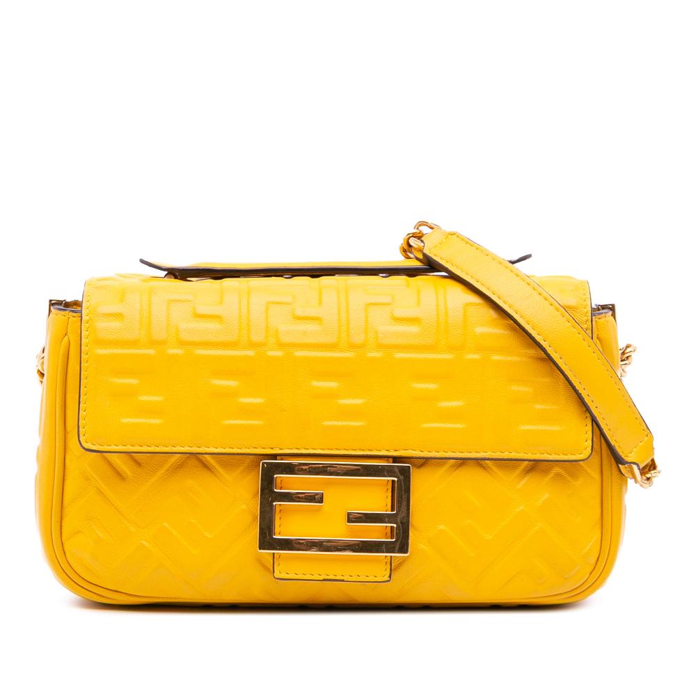 Fendi B Fendi Yellow Mustard Calf Leather Zucca Embossed Chain Midi Baguette Italy