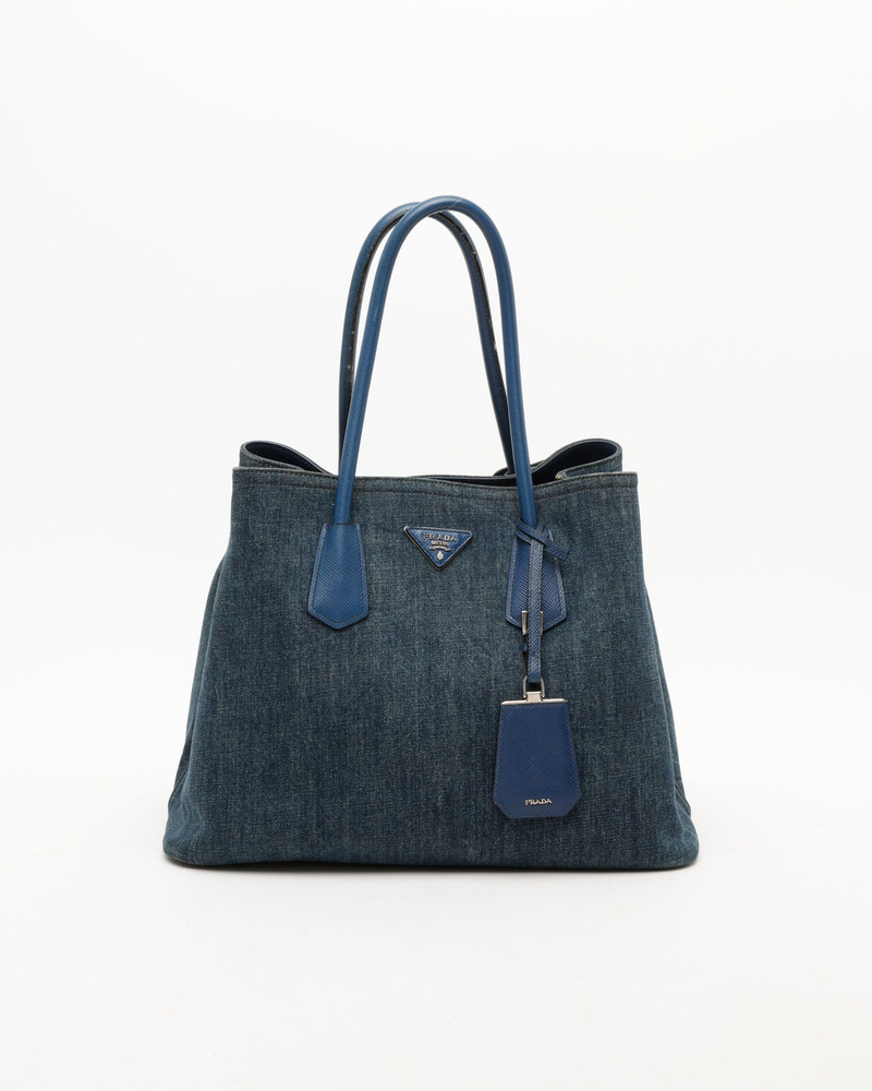 Prada Large Double Saffiano Denim Tote Bag