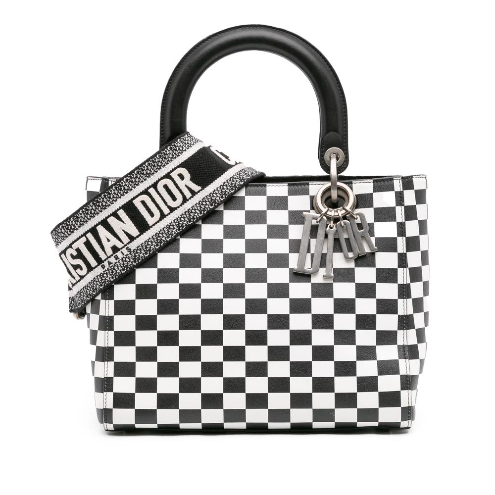 Christian Dior B Dior Black with White Calf Leather Medium skin Checkered Lady Dior Italy