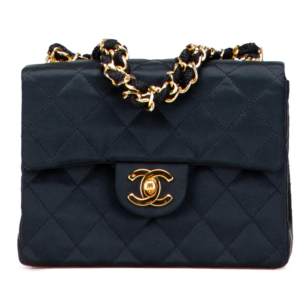 Chanel B Chanel Black Satin Fabric Mini Square Quilted Single Flap France