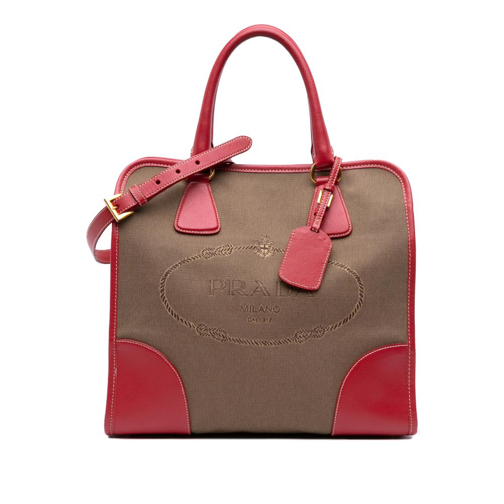 Prada B Prada Brown with Red Canvas Fabric Saffiano Trimmed Canapa Logo Satchel Turkey
