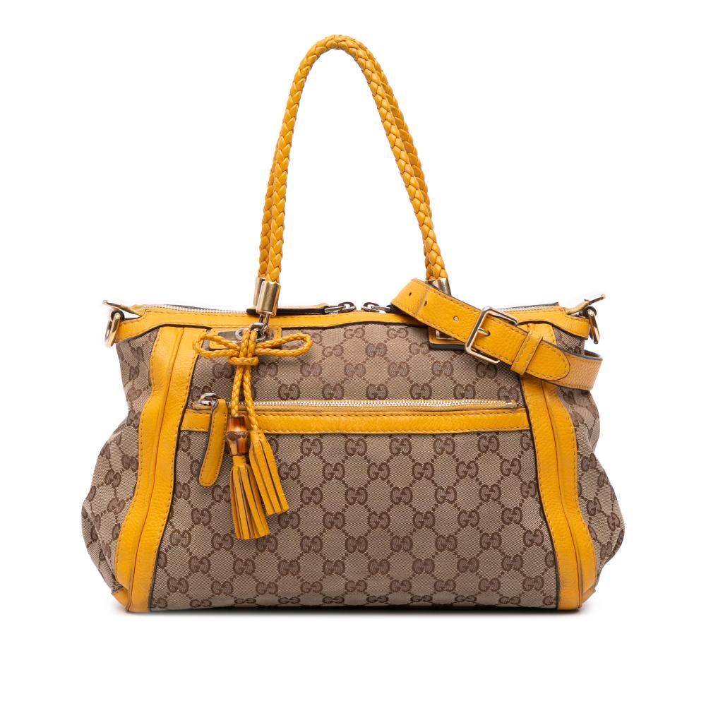 Gucci B Gucci Brown with Yellow Canvas Fabric GG Bella Satchel Italy
