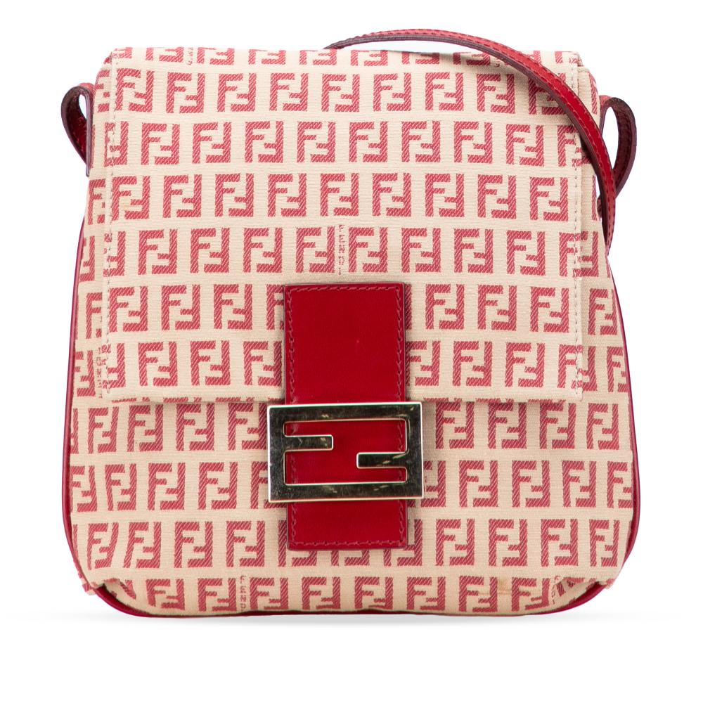 Fendi B Fendi Brown Beige with Red Canvas Fabric Zucchino Flap Crossbody Italy