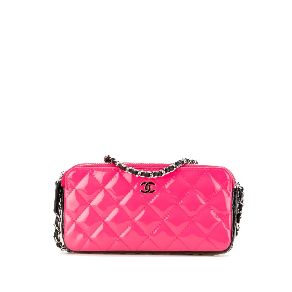 Chanel AB Chanel Pink Hot Pink Patent Leather Leather Bicolor Patent Double Zip Wallet on Chain Italy