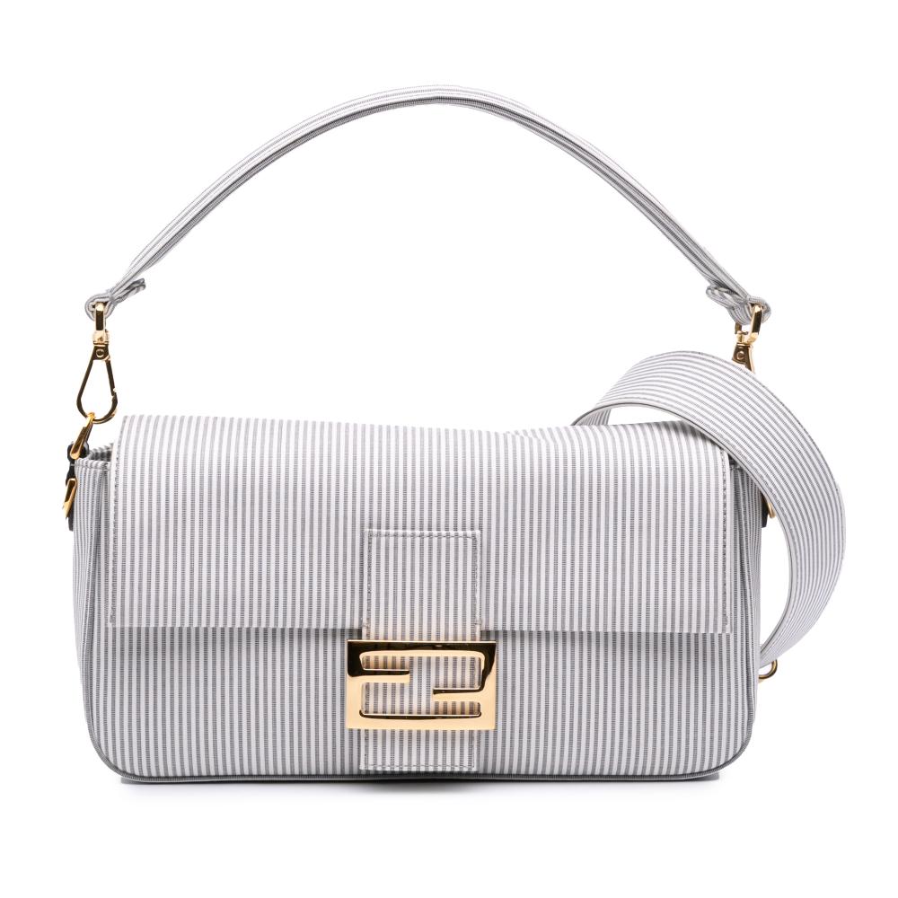 Fendi AB Fendi White with Gray Canvas Fabric Medium Striped Baguette Satchel Italy