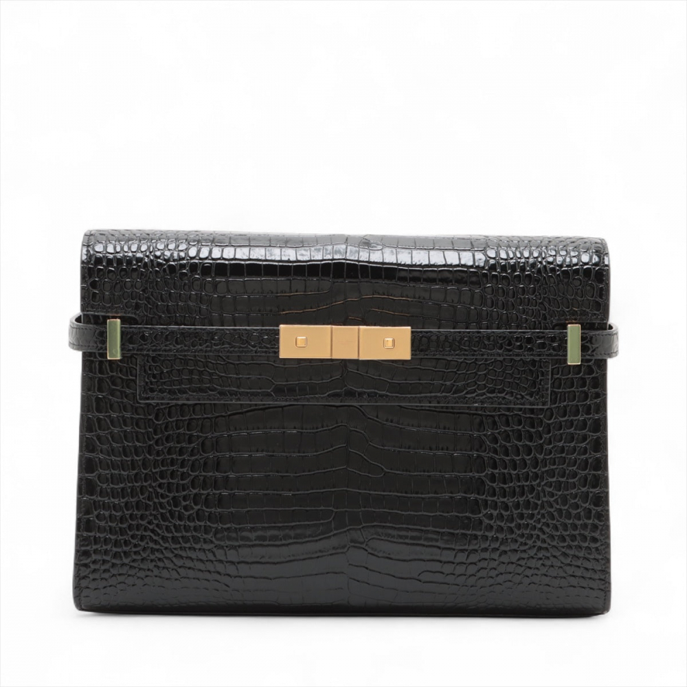 Saint Laurent Paris Manhattan Leather Crocodile-Embossed Flap Clutch Black