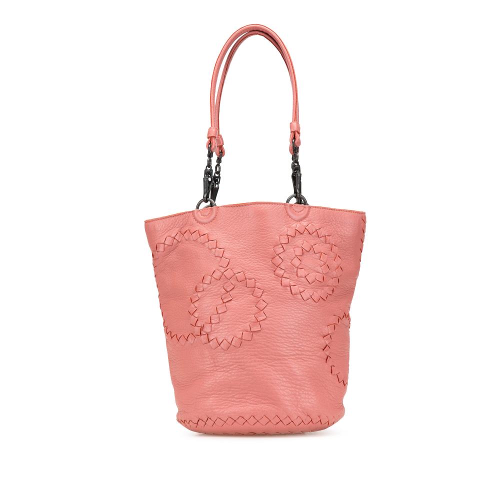Bottega Veneta B Bottega Veneta Pink Blush Goatskin Leather Small Intrecciato Trimmed Cervo Bucket Bag Italy