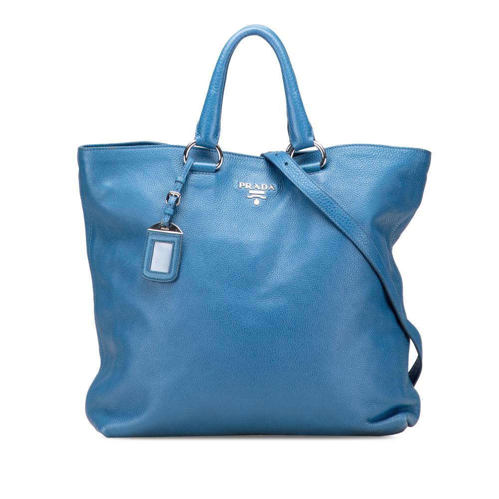 Prada B Prada Blue Calf Leather Vitello Daino Open Convertible Tote Italy