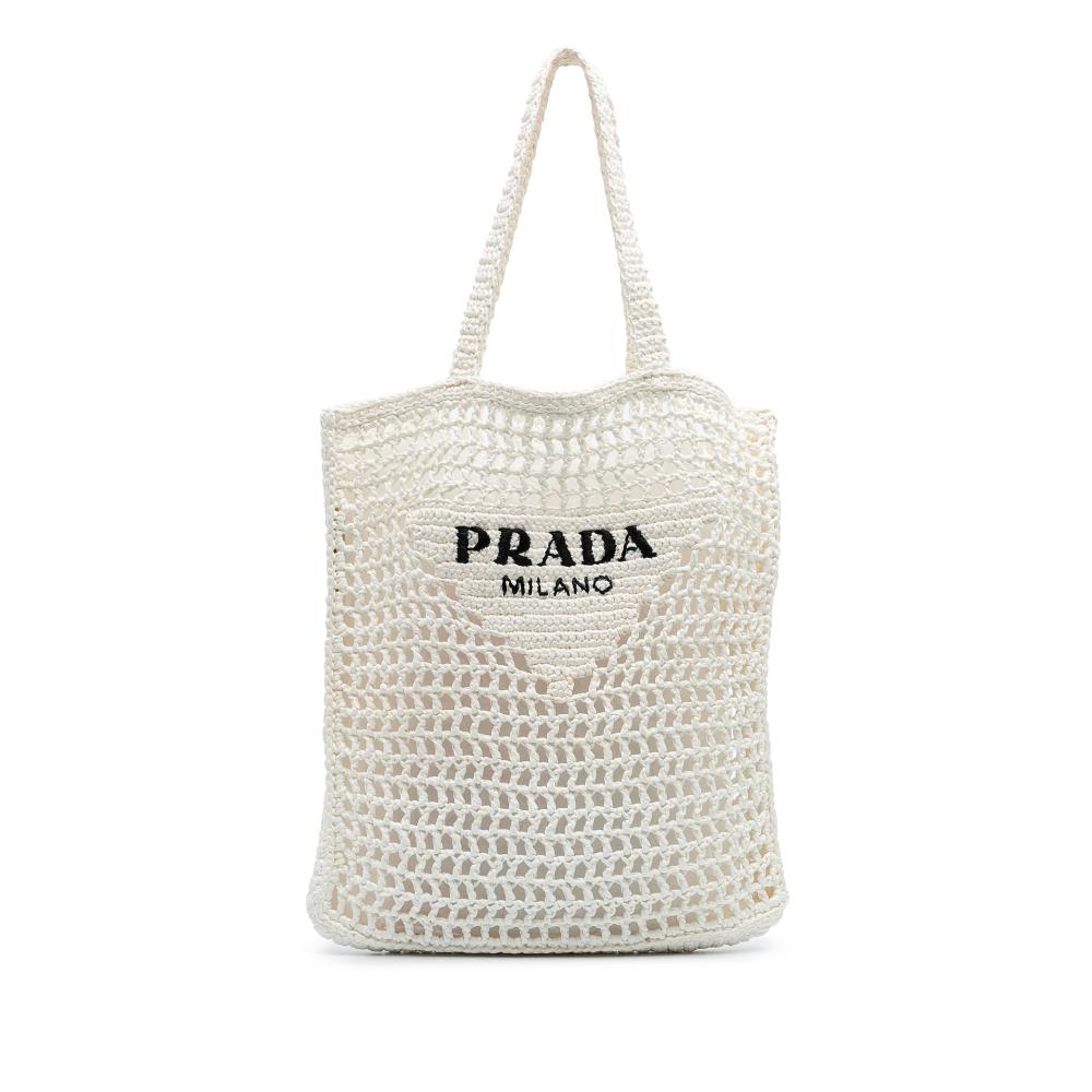 Prada B Prada White Raffia Natural Material Effect Crochet Logo Embroidered Tote Italy