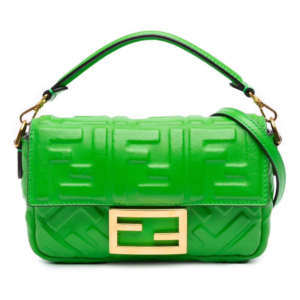 Fendi AB Fendi Green Lime Calf Leather Mini Zucca Embossed Baguette Satchel Italy
