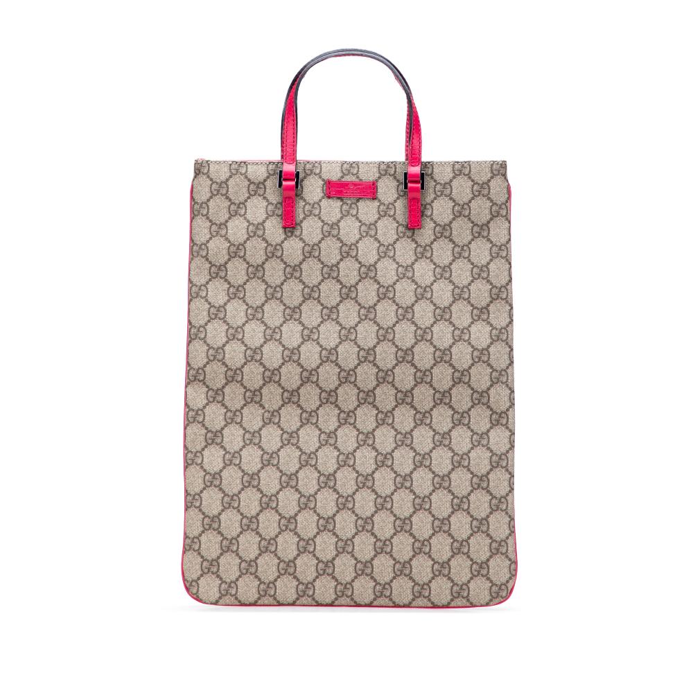 Gucci B Gucci Brown Beige with Pink Coated Canvas Fabric GG Supreme Tote Italy