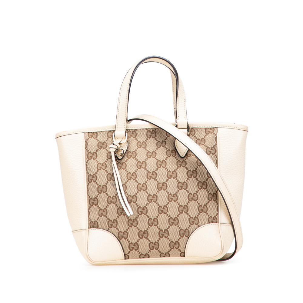 Gucci B Gucci Brown Beige with White Canvas Fabric Small GG Bree Satchel Italy