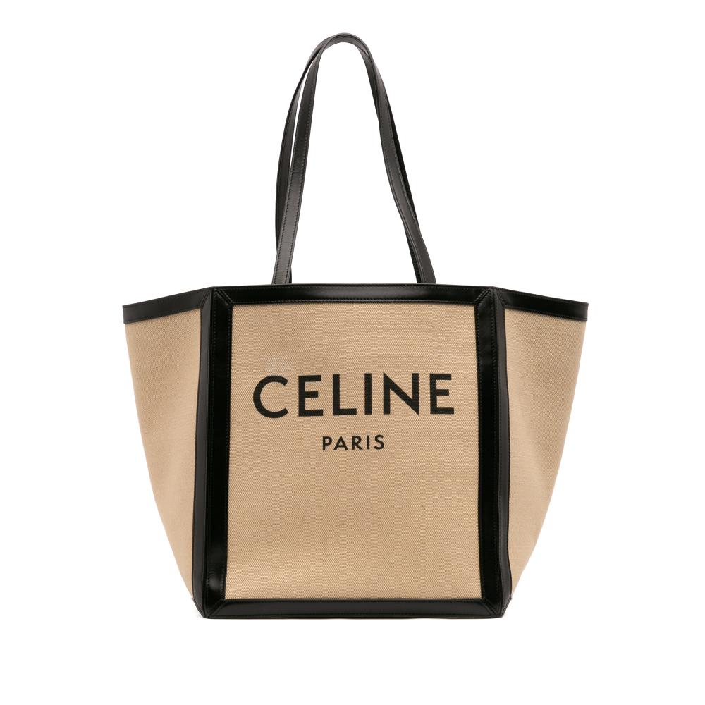 Celine B Celine Brown Beige with Black Canvas Fabric Large Vertical Square Cabas Tote Italy