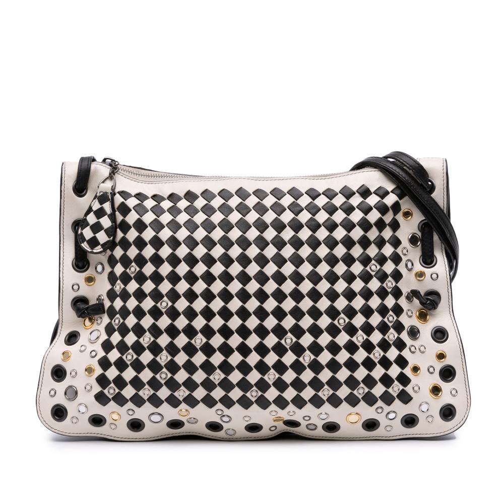 Bottega Veneta B Bottega Veneta White Nappa Leather Leather Nappa Intrecciato Check Grommet Palio Crossbody Italy