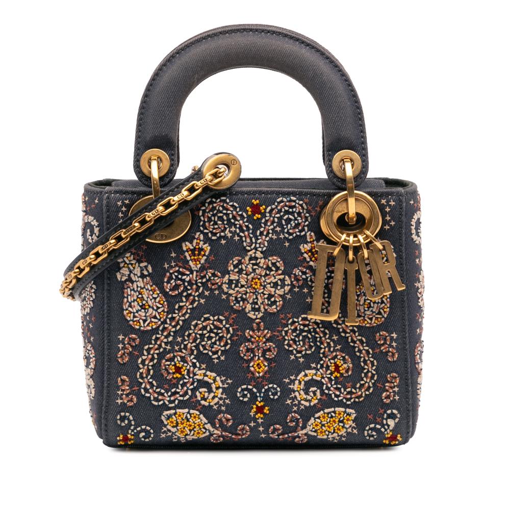 Christian Dior B Dior Blue Denim Fabric Mini Embroidered Lady D Lite Italy