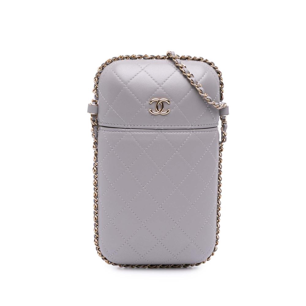 Chanel AB Chanel Gray Lambskin Leather Leather CC Quilted Lambskin Chain Around Phone Holder Italy