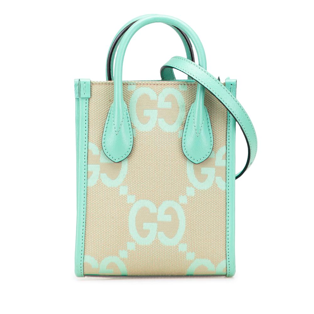 Gucci B Gucci Brown Beige with Green Mint Canvas Fabric Mini Jumbo GG Interlocking G Satchel Italy