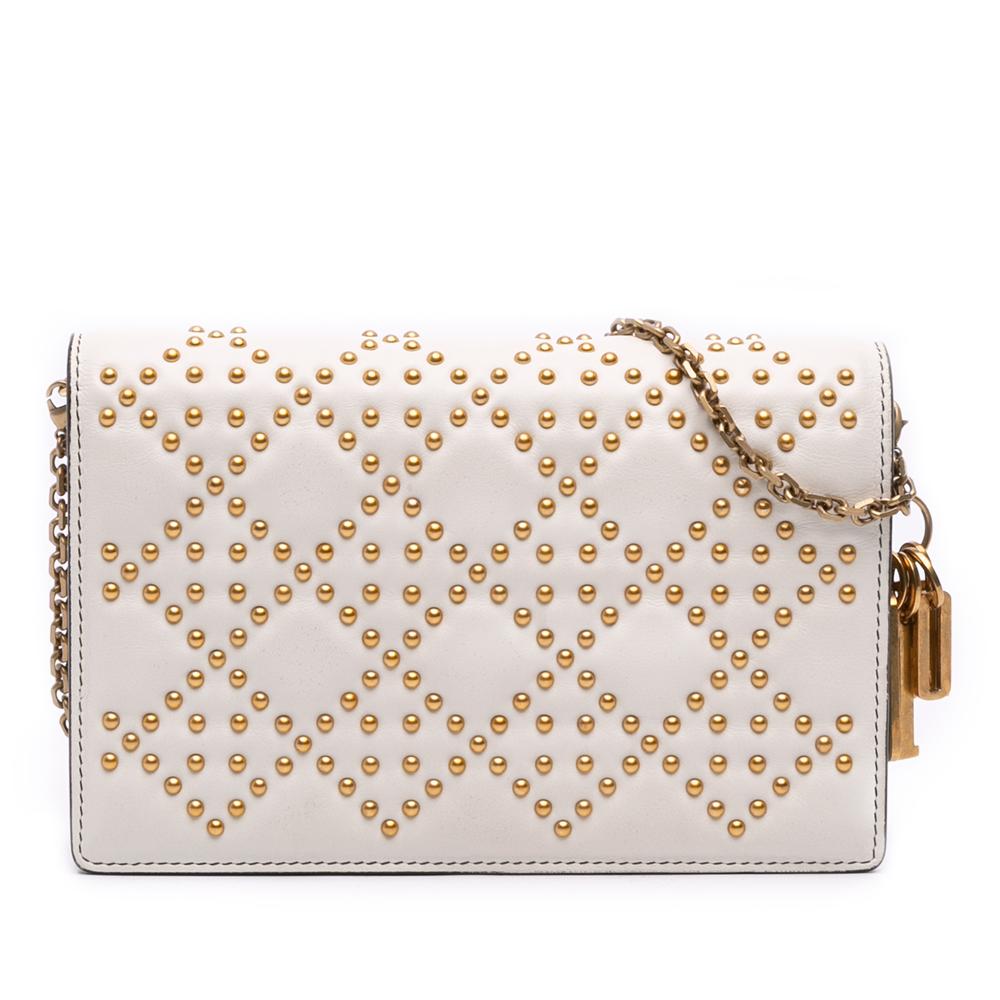 Christian Dior B Dior White Ivory Calf Leather Studded skin Cannage Lady Dior Wallet on Chain Italy