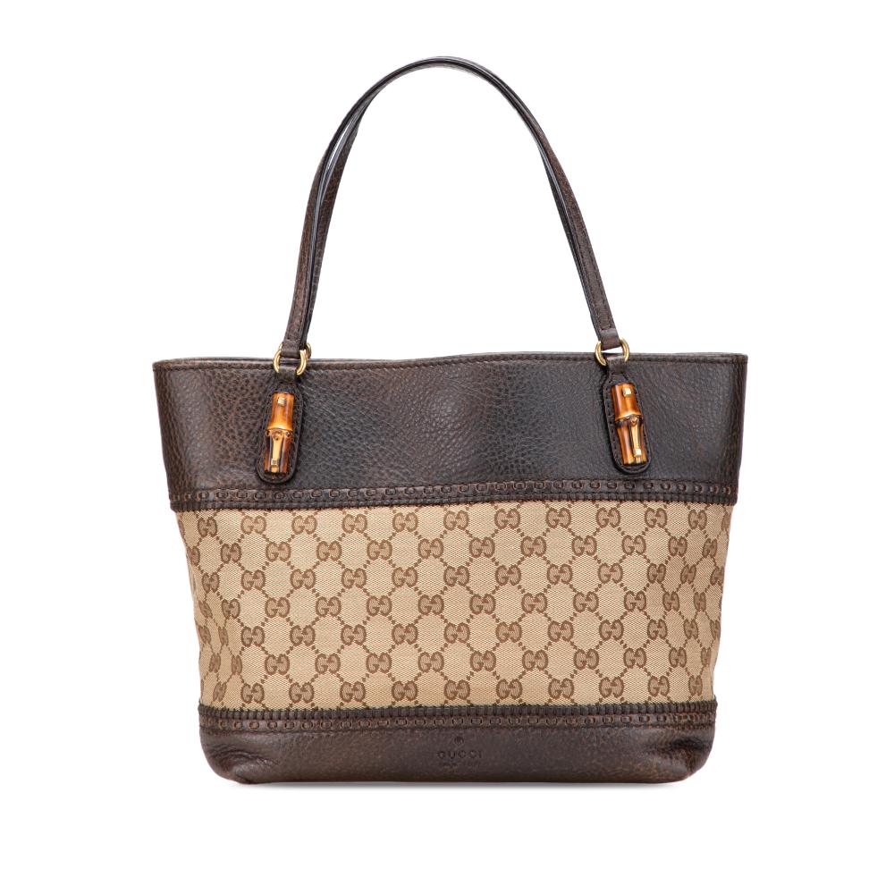 Gucci B Gucci Brown Beige Canvas Fabric GG Laidback Crafty Tote Italy