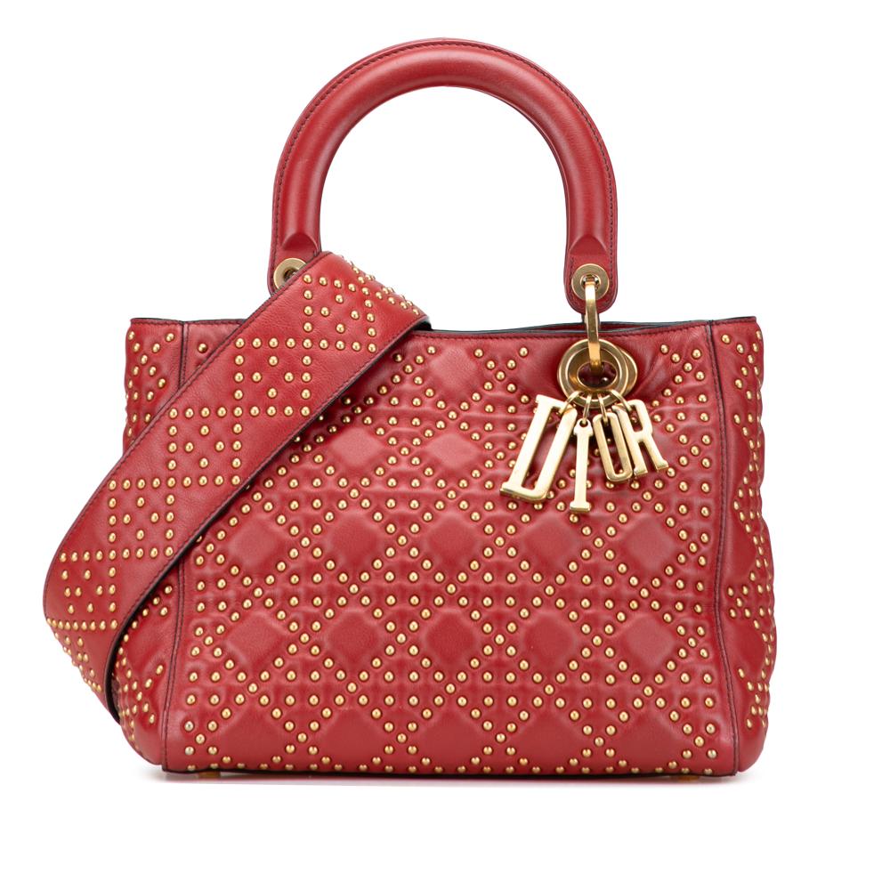 Christian Dior B Dior Red Dark Red Lambskin Leather Leather Medium Lambskin Cannage Studded Supple Lady Dior Italy