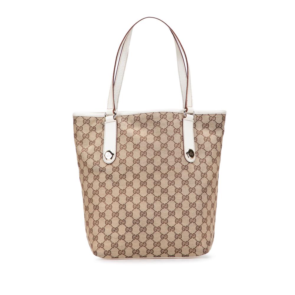 Gucci B Gucci Brown Beige with White Canvas Fabric GG Charmy Tote Italy