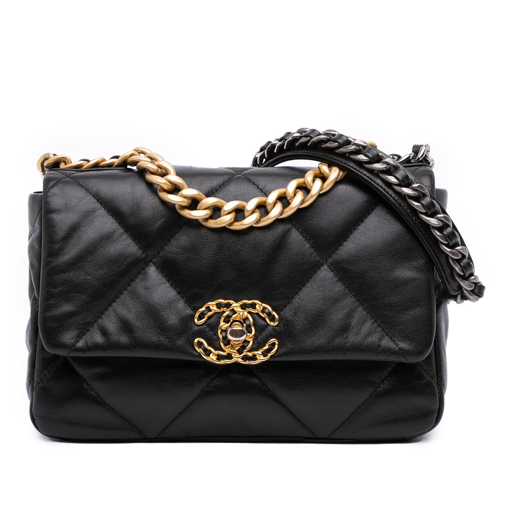 Chanel 19 Medium Lambskin Leather Matelassè Flap Handbag Black