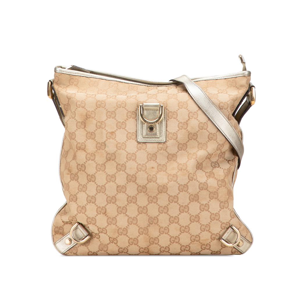 Gucci B Gucci Brown Beige Canvas Fabric GG Abbey D Ring Crossbody Italy