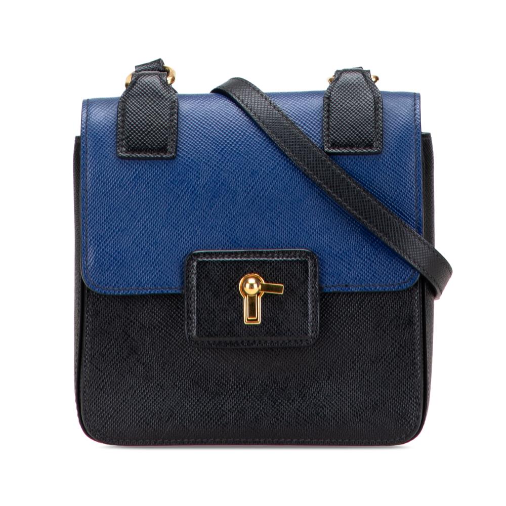 Prada B Prada Black with Blue Saffiano Leather Bicolor Cuir Flap Crossbody Italy