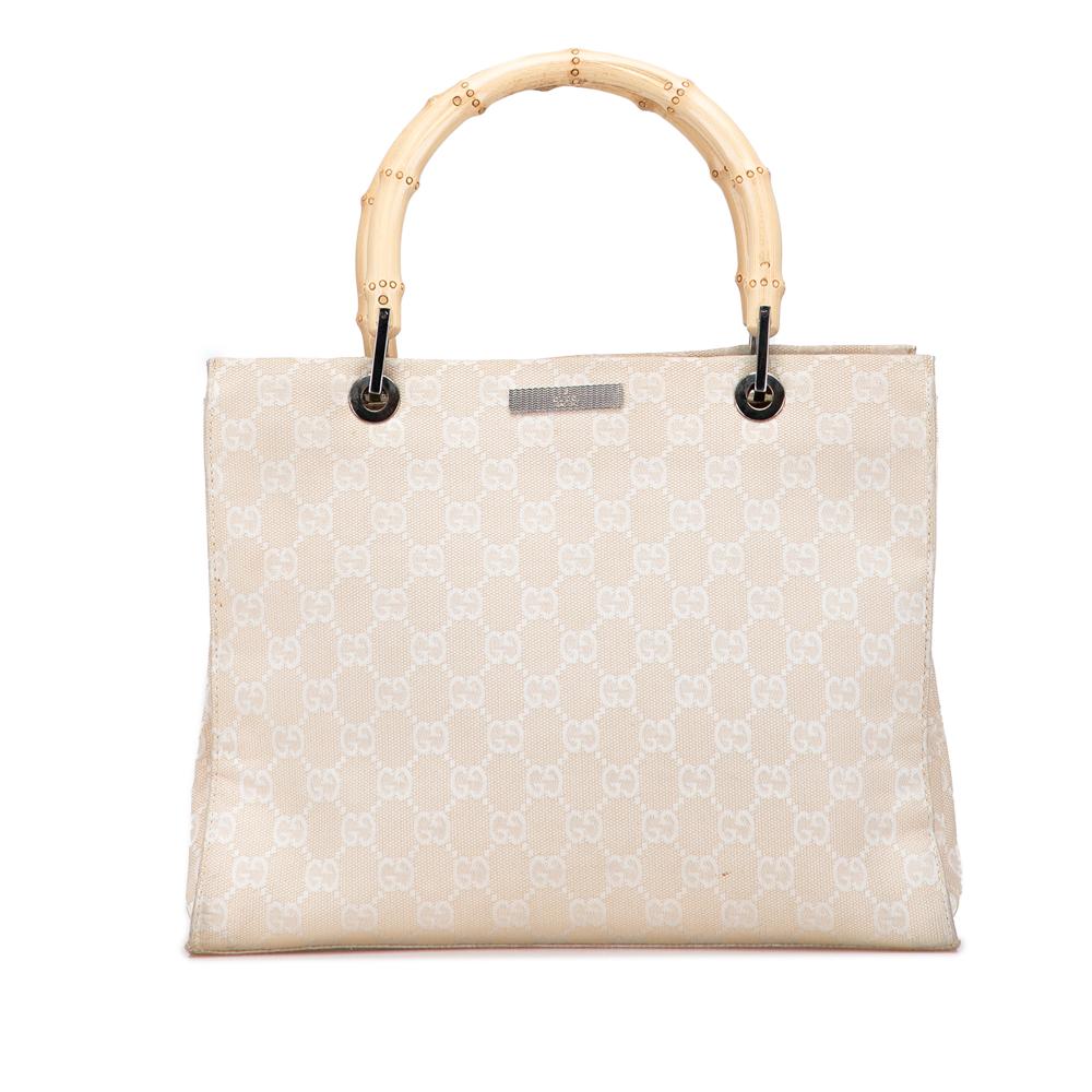 Gucci B Gucci Brown Light Beige Canvas Fabric GG Bamboo Satchel Italy