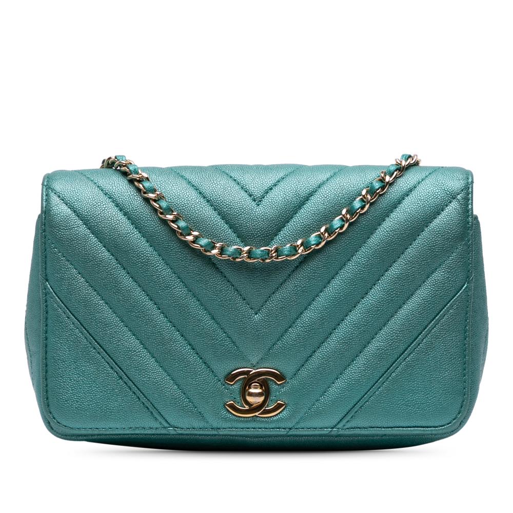 Chanel B Chanel Blue Turquoise Caviar Leather Leather Small Chevron Caviar Statement Flap France