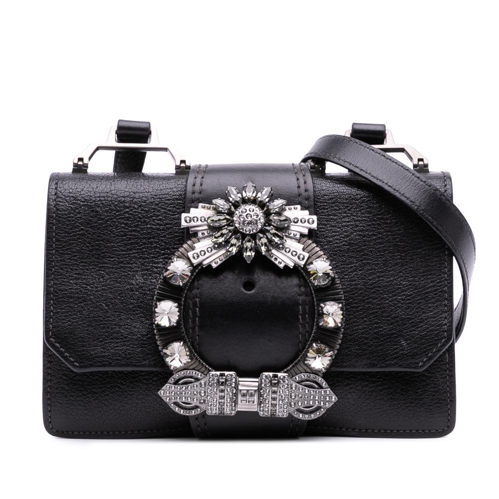 Miu Miu B Miu Miu Black Goatskin Leather Madras Soft Calf Crystal Embellished Crossbody Italy
