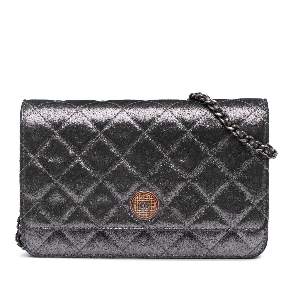 Chanel Silver Quilted Iridescent Lambskin Tartan Button Wallet On Chain Italy
