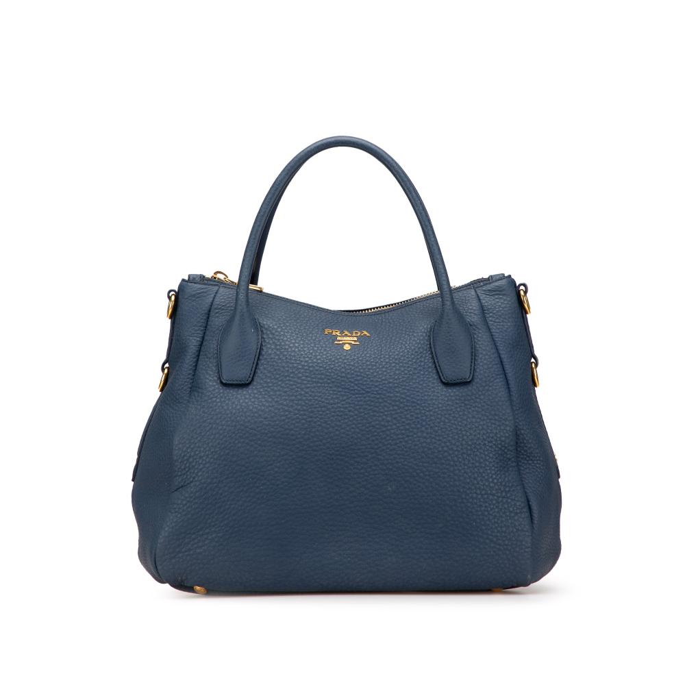 Prada B Prada Blue Calf Leather Vitello Daino Sacca 2 Manici Convertible Tote Italy