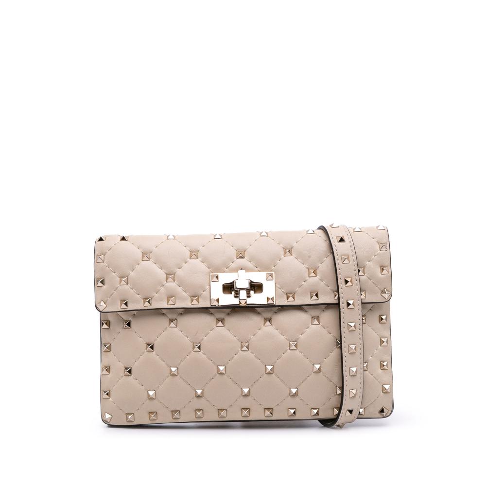 Valentino B Valentino Brown Light Beige Nappa Leather Leather Nappa Rockstud Spike Crossbody Italy