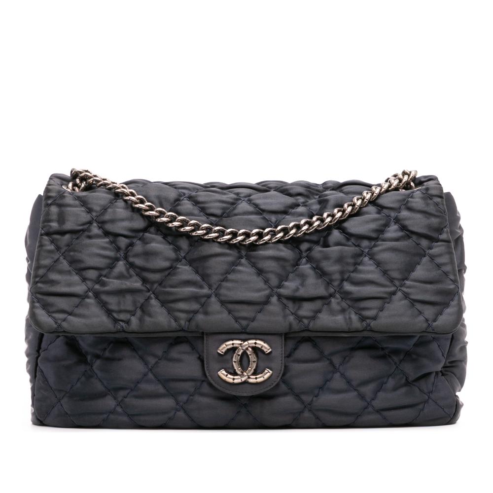 Chanel B Chanel Black Satin Fabric Extra Large CC Quilted Single Flap Italy
